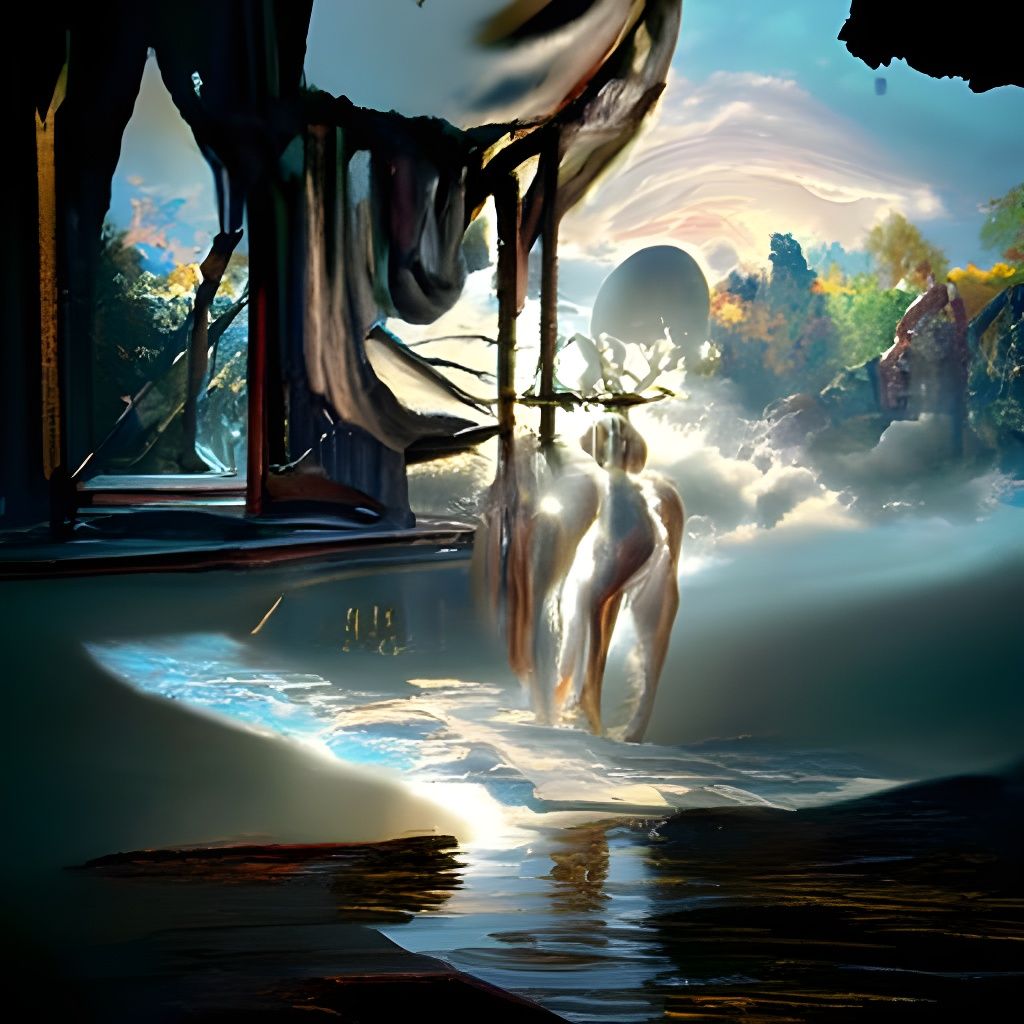 Sci-Fi Fantasy Lake Reflection with Bathing Women