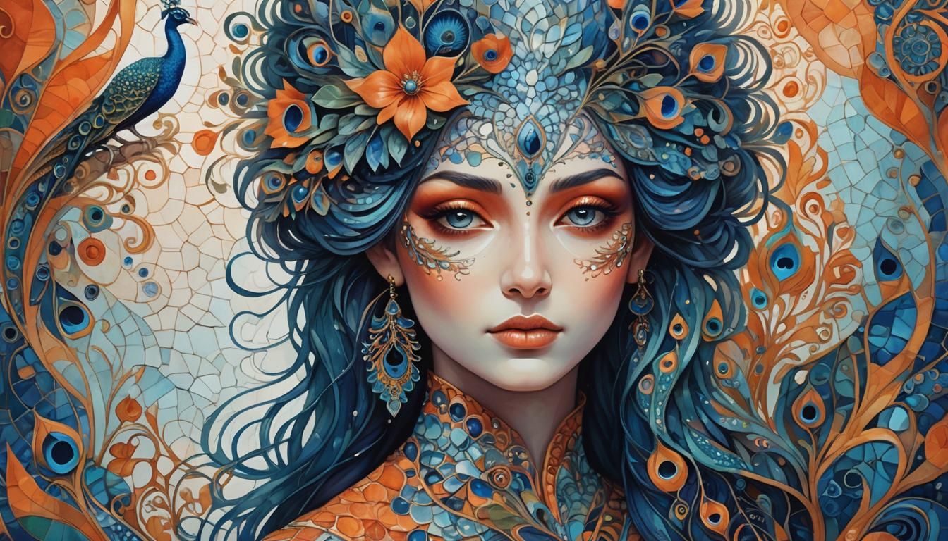 Surreal Portrait of Woman with Iridescent Mosaic Patterns