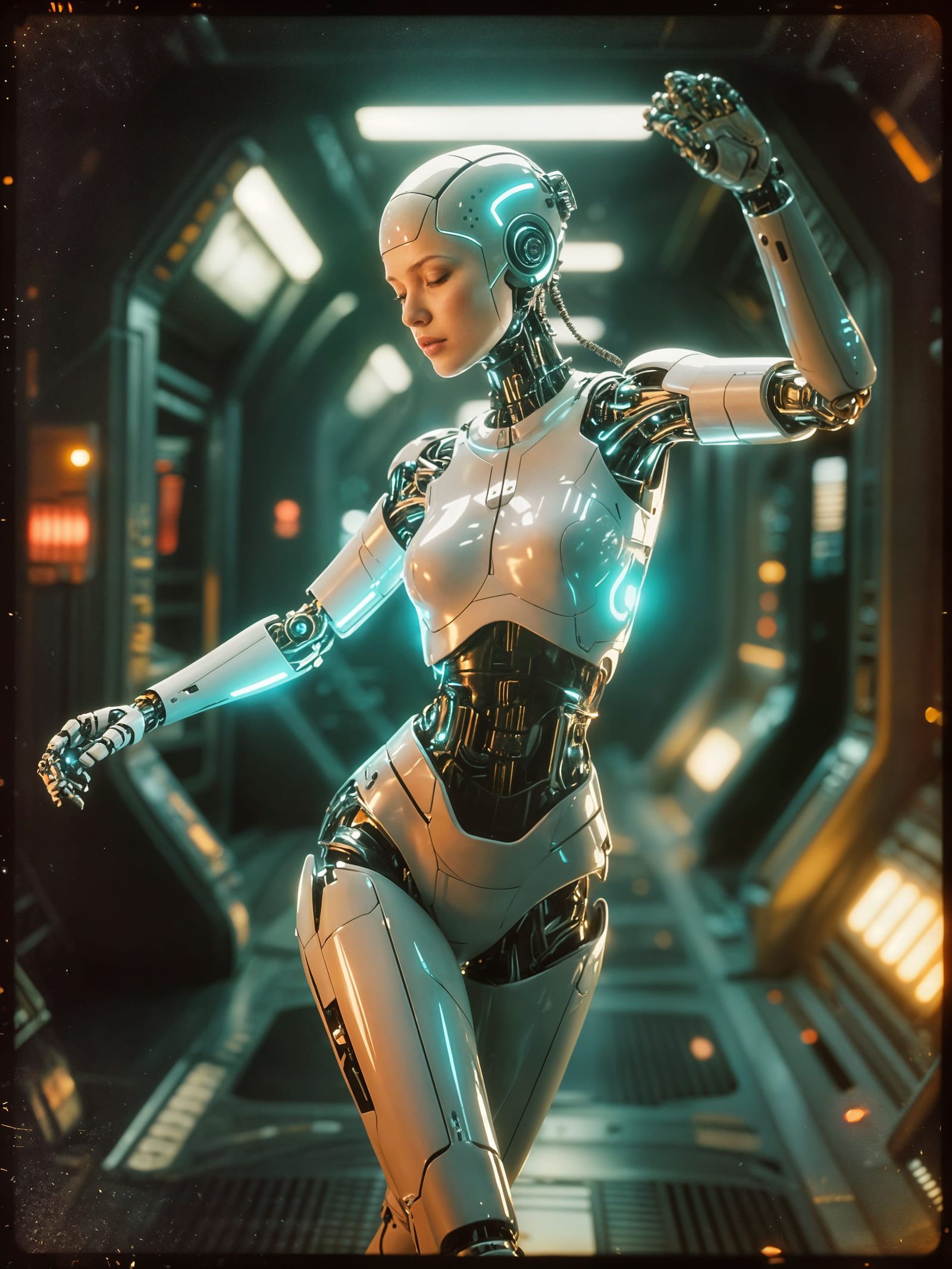 Futuristic Robot Dancer in Spaceship Corridor