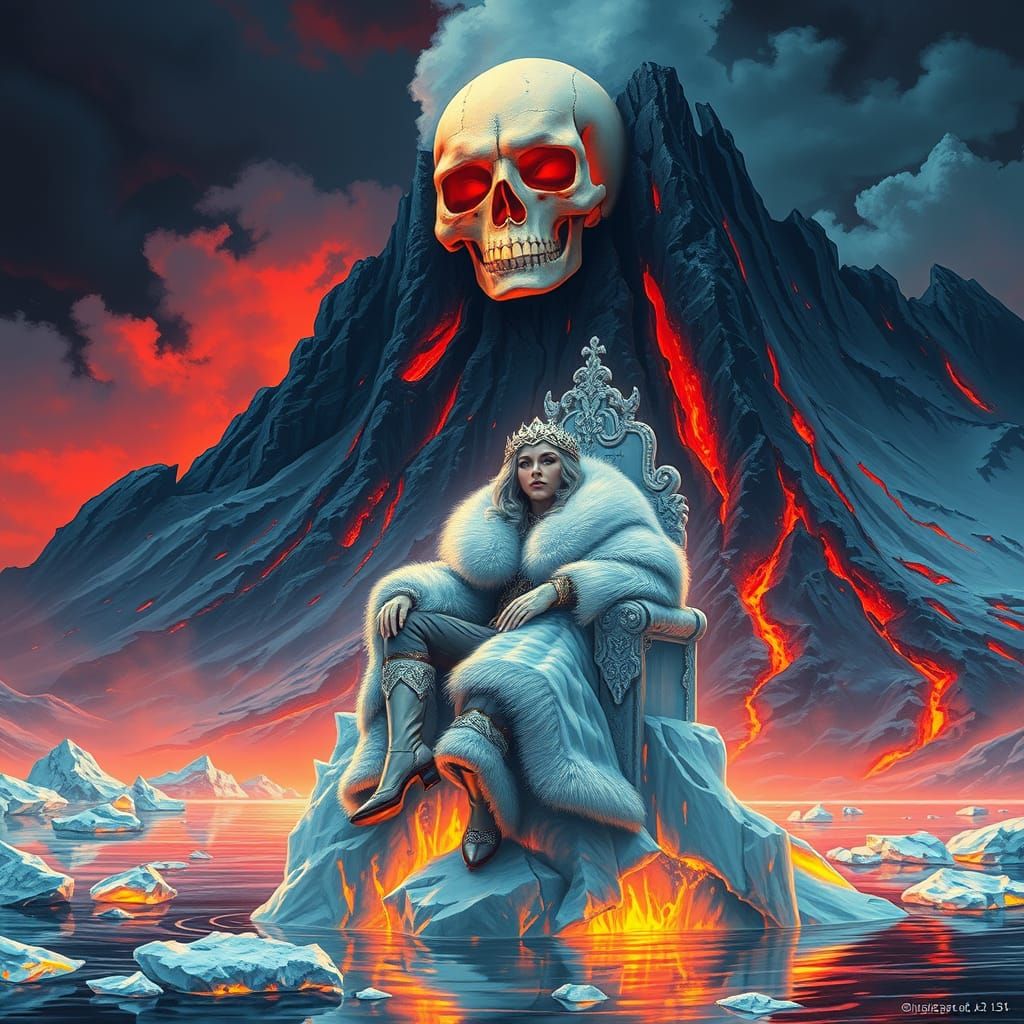 Dark Fantasy Ice Queen Reigns Over Fiery Volcanic Landscape