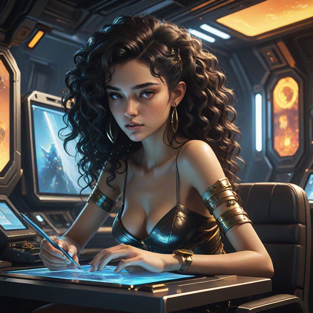 Teenage Girl Works on Fantasy Concept Art in Futuristic Spac...