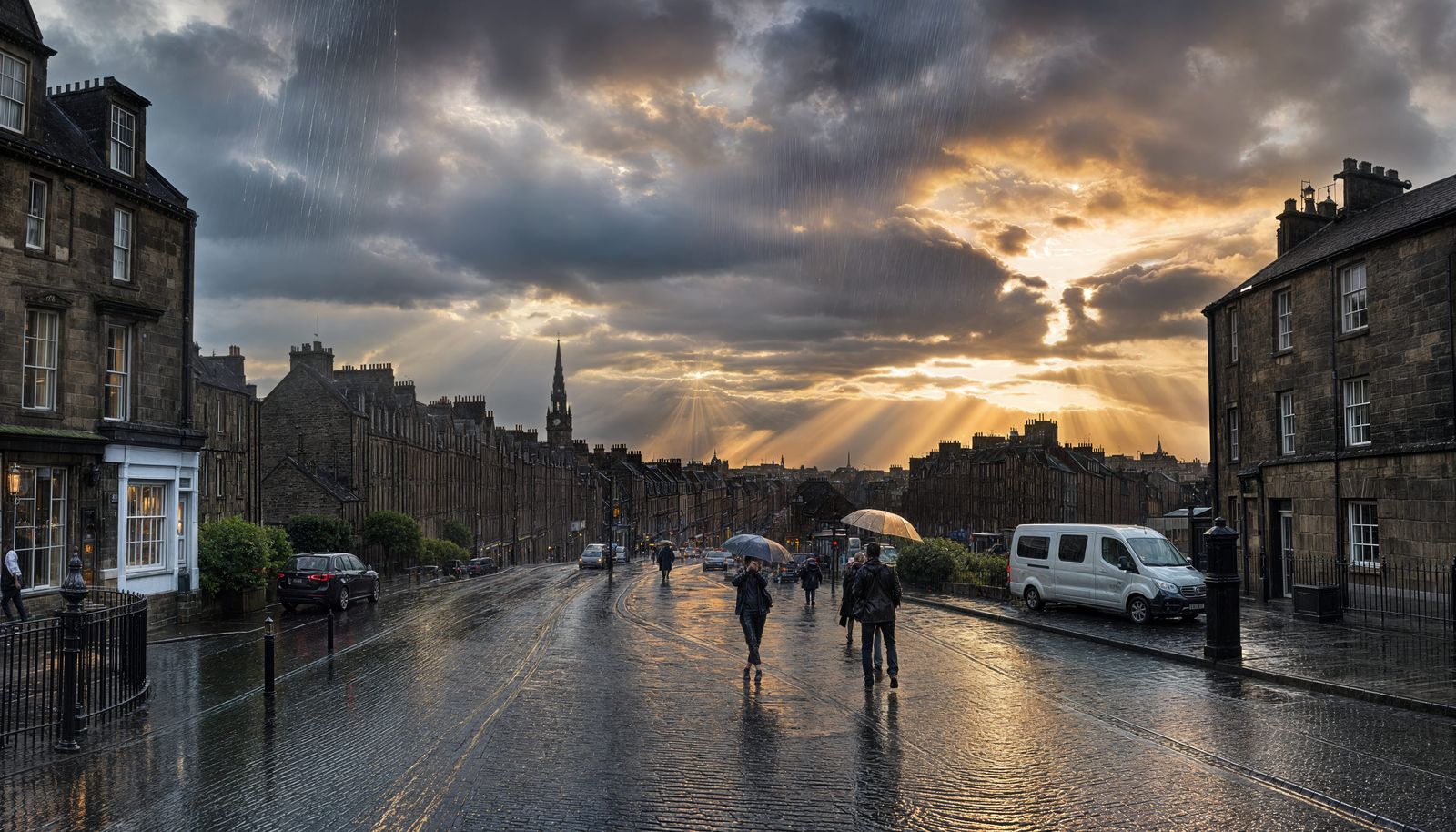 Edinburgh Sunset: Sun Rays Through Rain Clouds