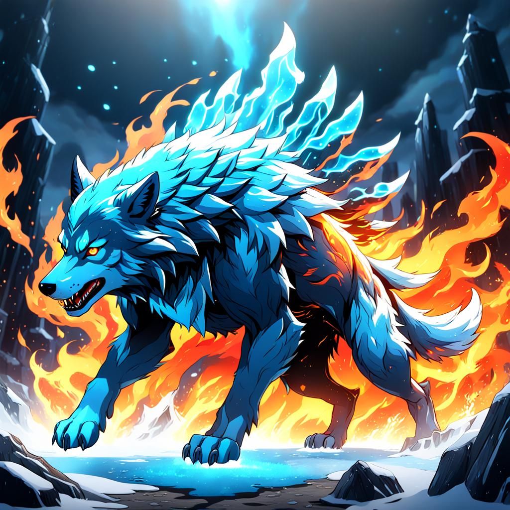 Anime Fire and Ice Wolf Digital Painting