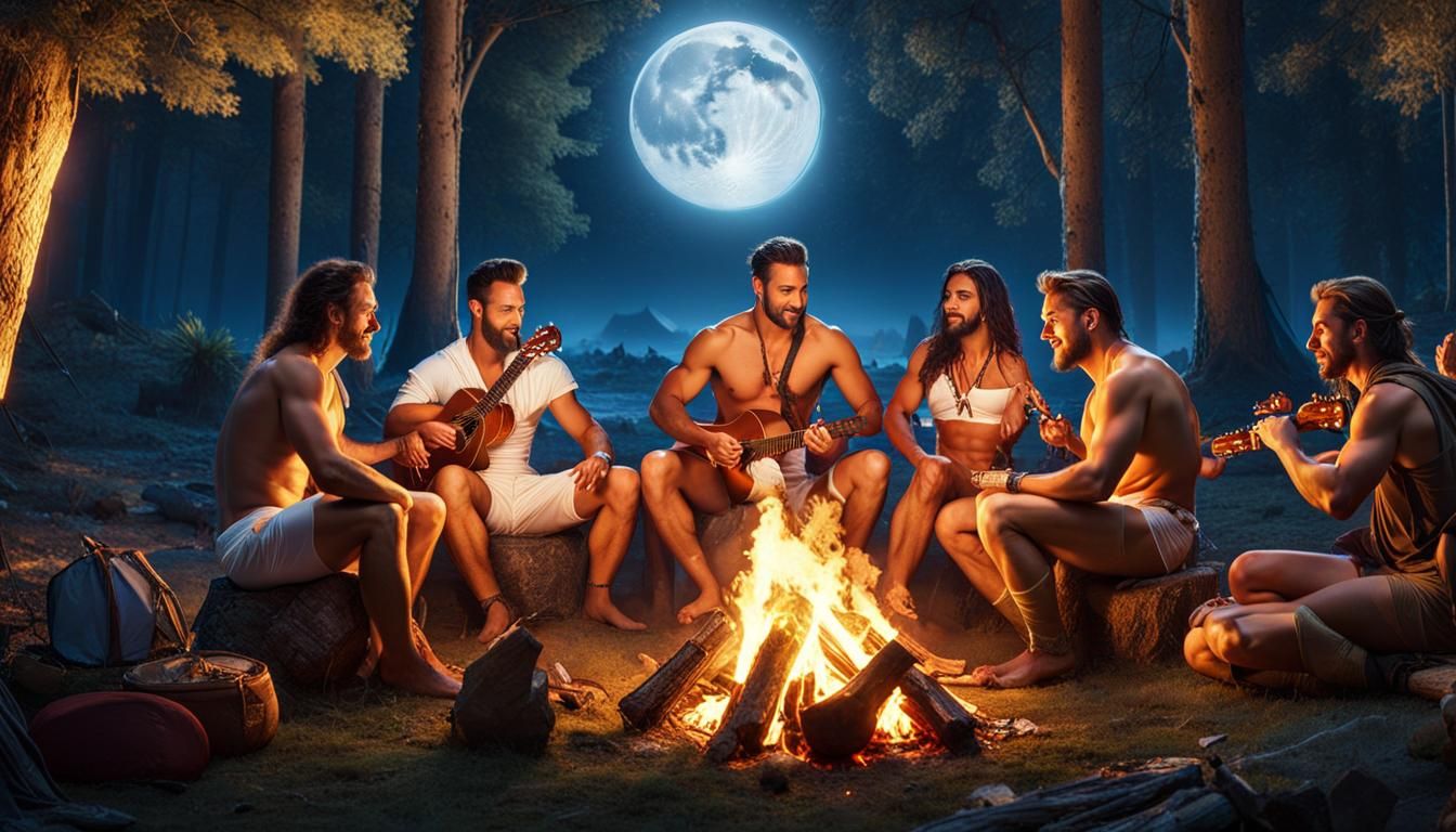 Campfire Musicians and Dancers in Forest Setting