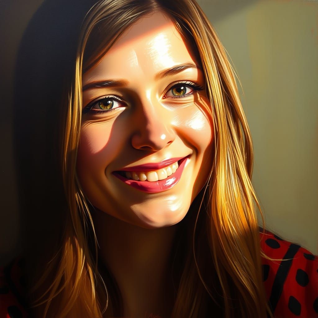 Warm Female Portrait with Radiant Smile in Impasto Oil Paint...