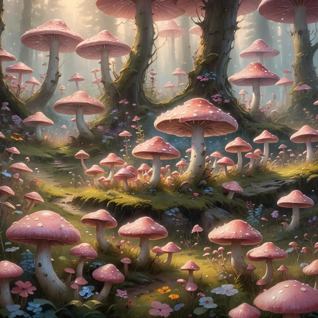 Enchanting Pink Creatures in a Magical Mushroom Land