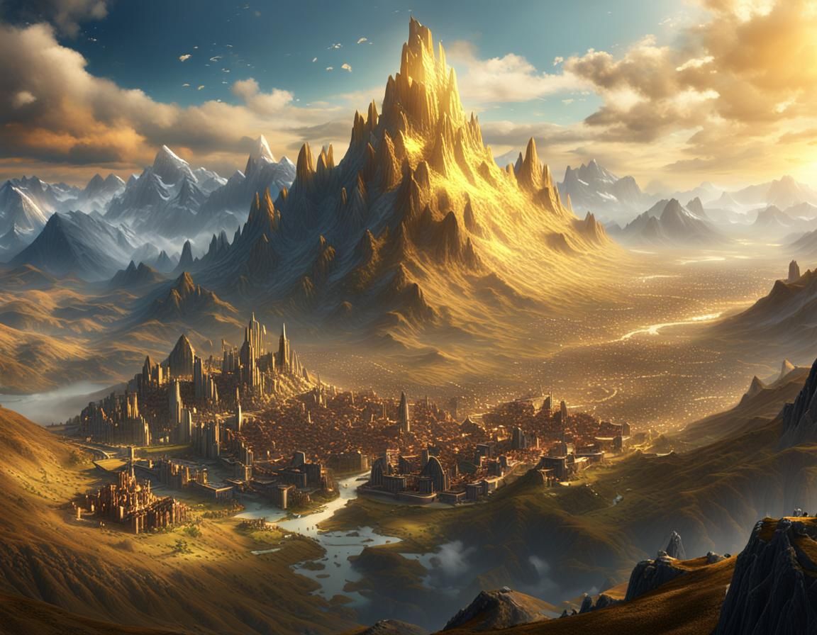 Golden City Sprawls Across Mountainous Fantasy Landscape