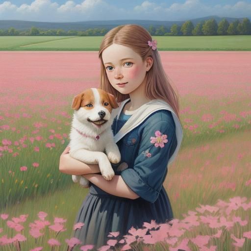 Girl and Puppy in Pink Flower Field, Oil Painting