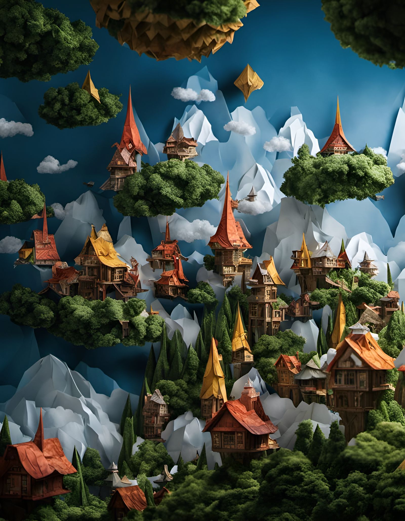 Origami Elf City Floating in the Clouds