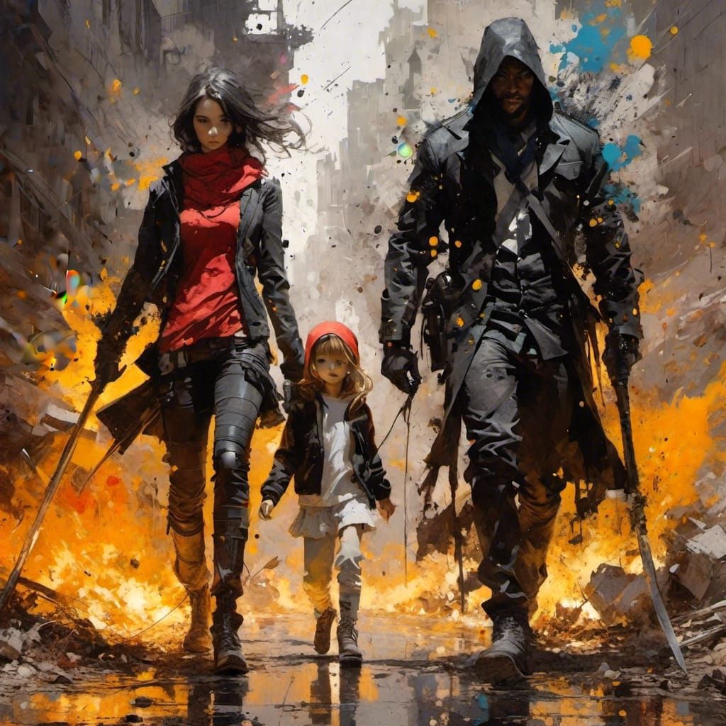 Assassins Walking Away from Explosions in Painterly Style