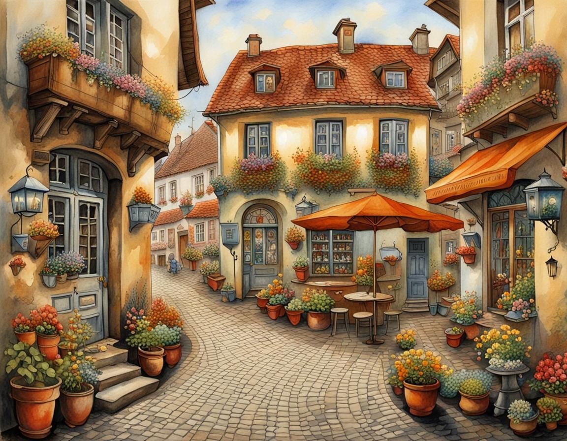 German Old Town Courtyard Scene in Whimsical Hyperdetail