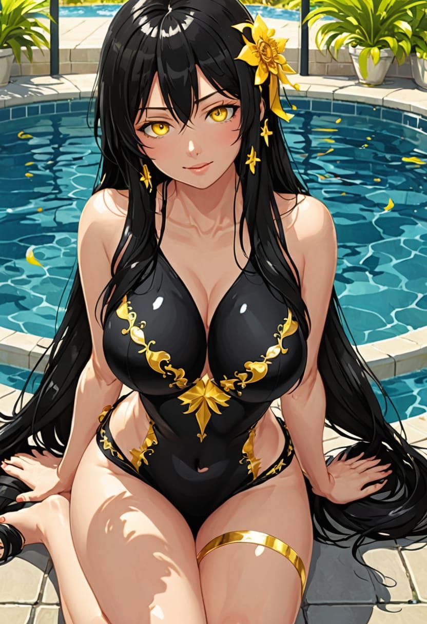 Woman with Black Hair in Gothic Swimsuit, Anime Style