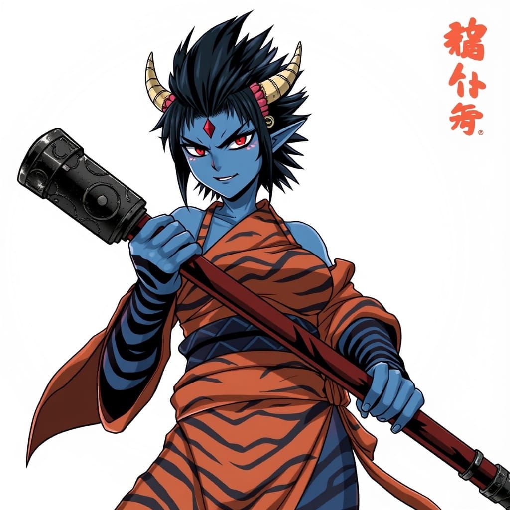 Blue Oni Ogre with Kanabo Club in Anime Style