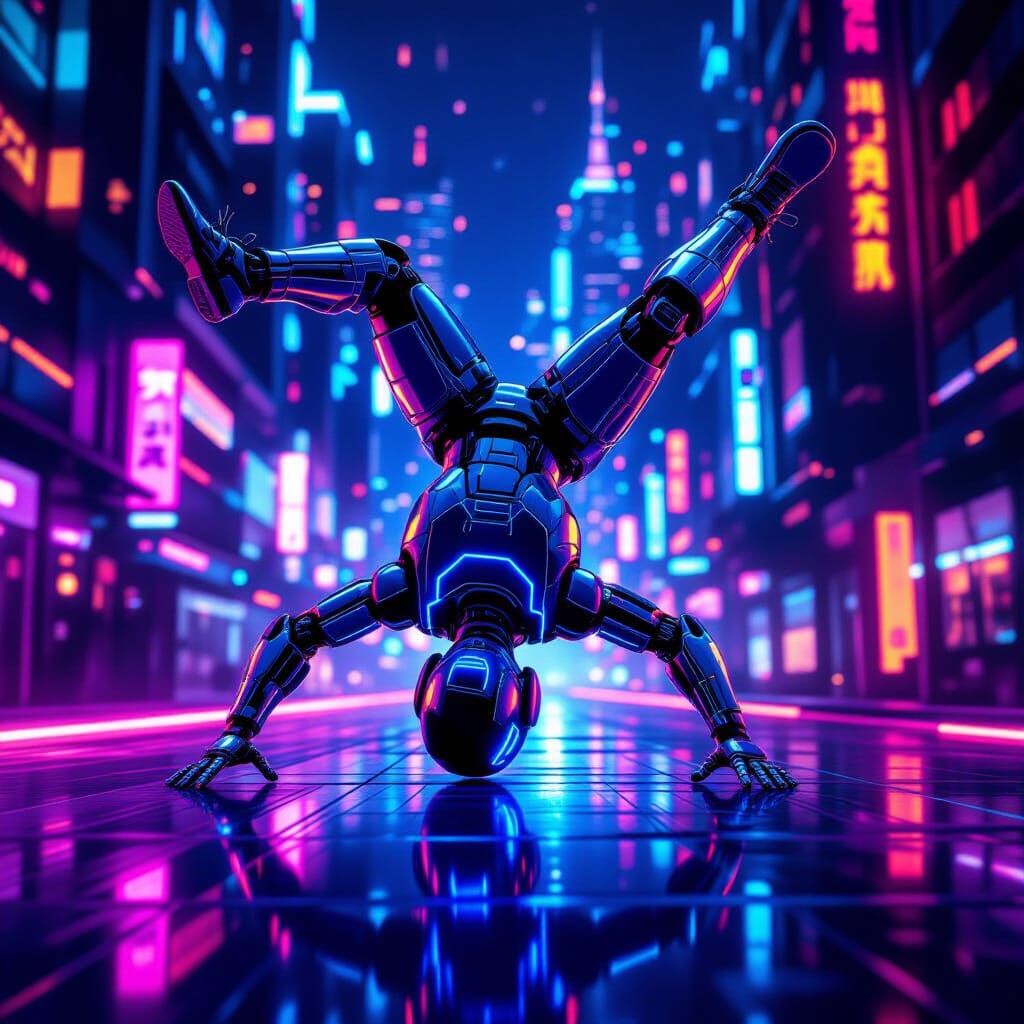 Ethereal AI Robot Breakdancing on Neon Cityscape