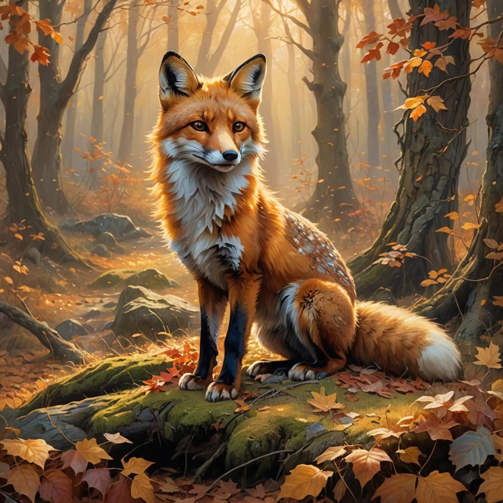 Fox Playing in Autumn Woods: Ethereal Fantasy Art