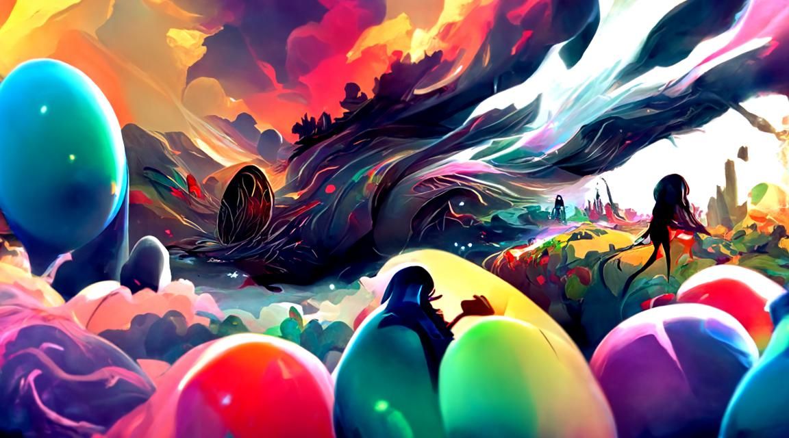 Rainbow Egg in Lush Fantasy Landscape