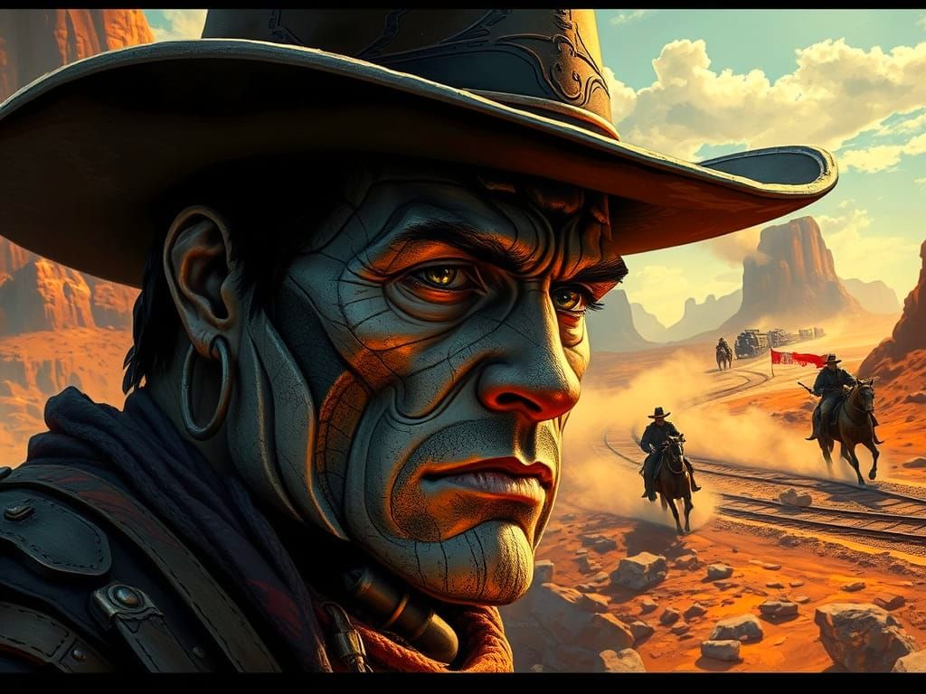 Gunslinger in Rocky Desert, Hyperrealistic Concept Art