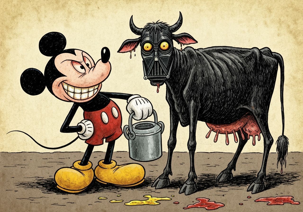 Mickey Mouse Milking Cow in Dark Cartoon Style