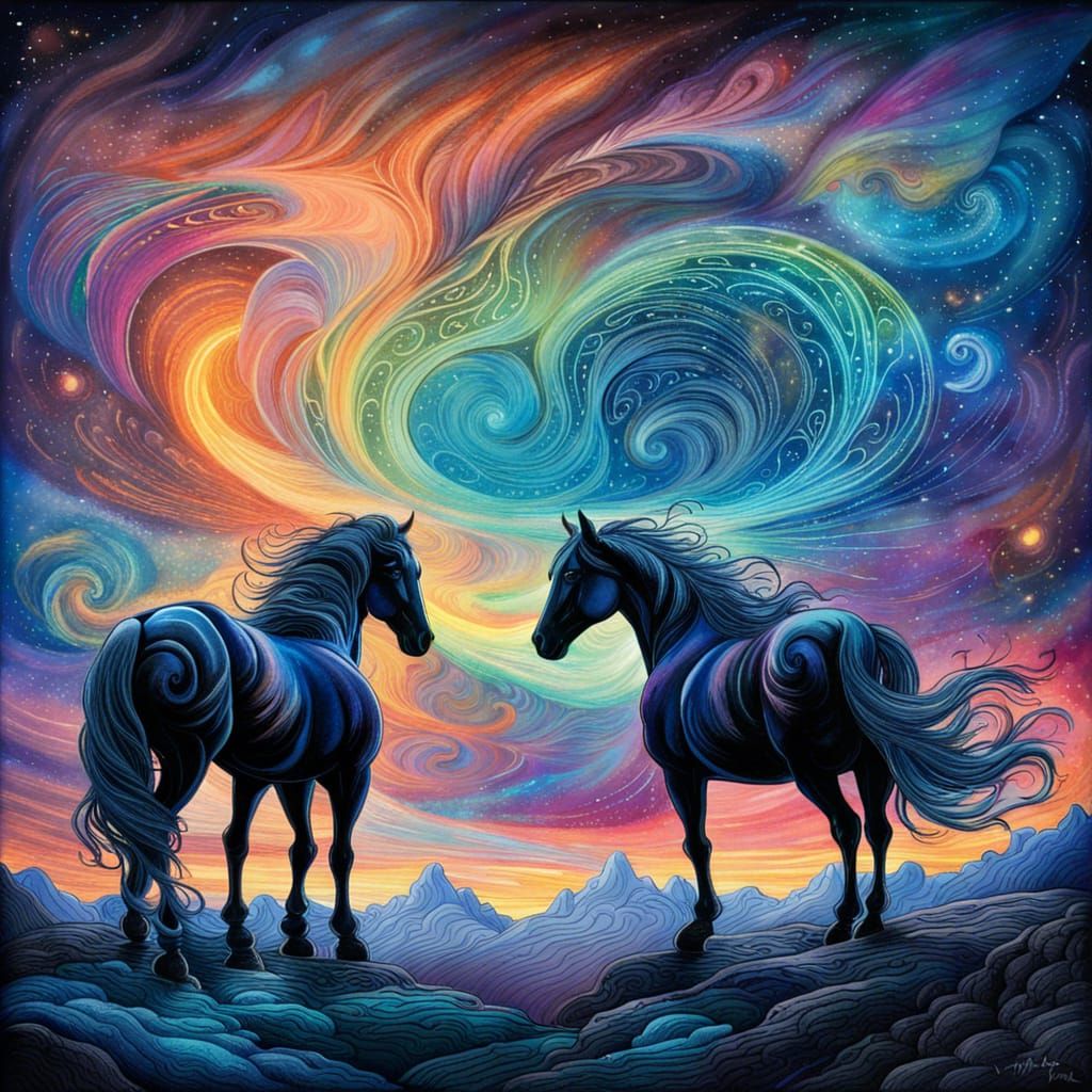 Cosmic Horses in Gouache Watercolor Landscape