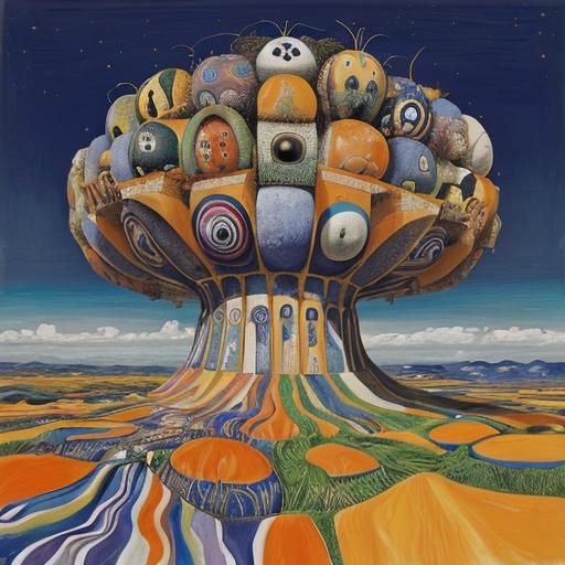 Cosmic Travelers in Colorful Landscape, Oil Painting