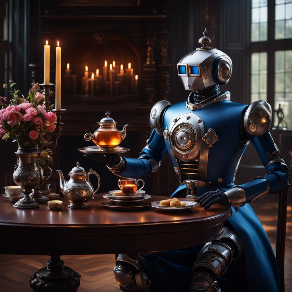 Futuristic Butler Robot Serving Tea
