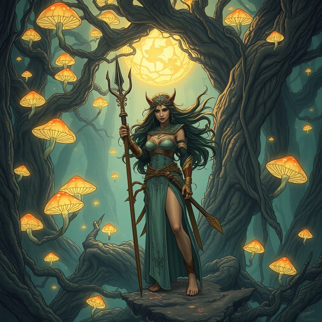 Mystical Warrior Woman in Ancient Forest Dreamscape