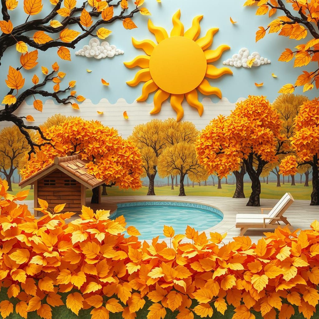 Whimsical Autumn Spa Park in Paper Collage Art