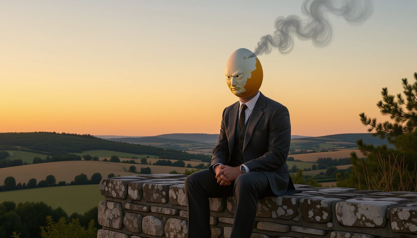 Surreal Cracked Egg Head Man on Wall, Cyberpunk Twilight