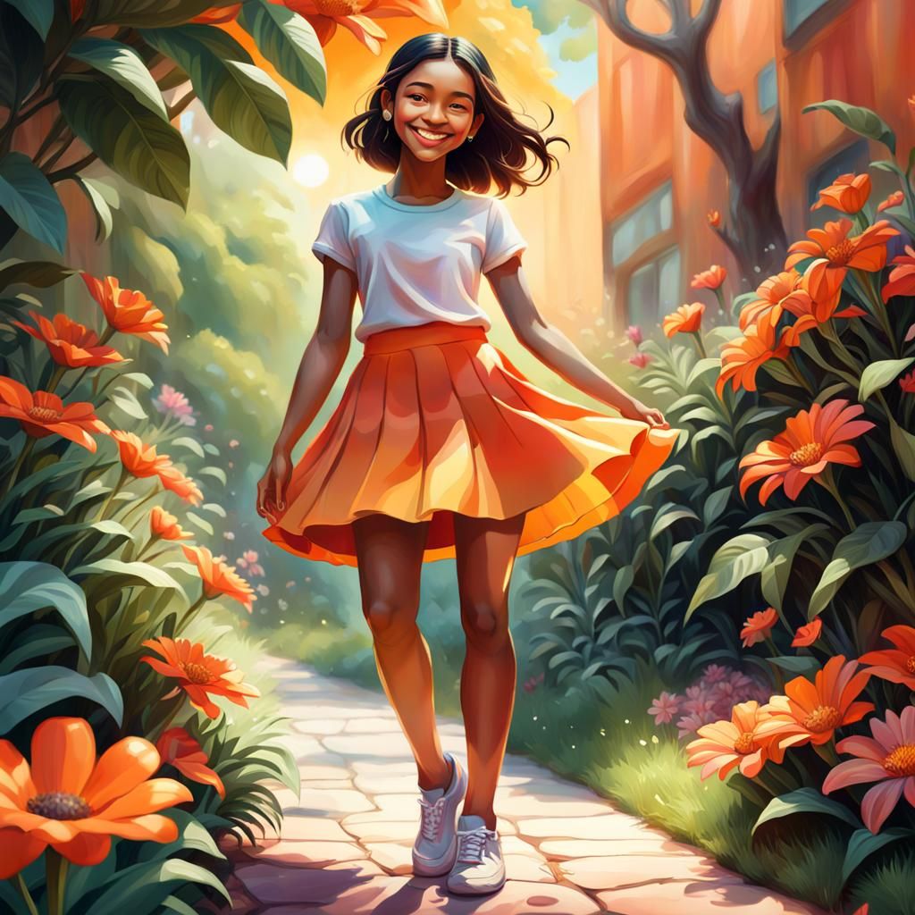 Smiling Girl in Orange Skirt: Realistic Anime Art