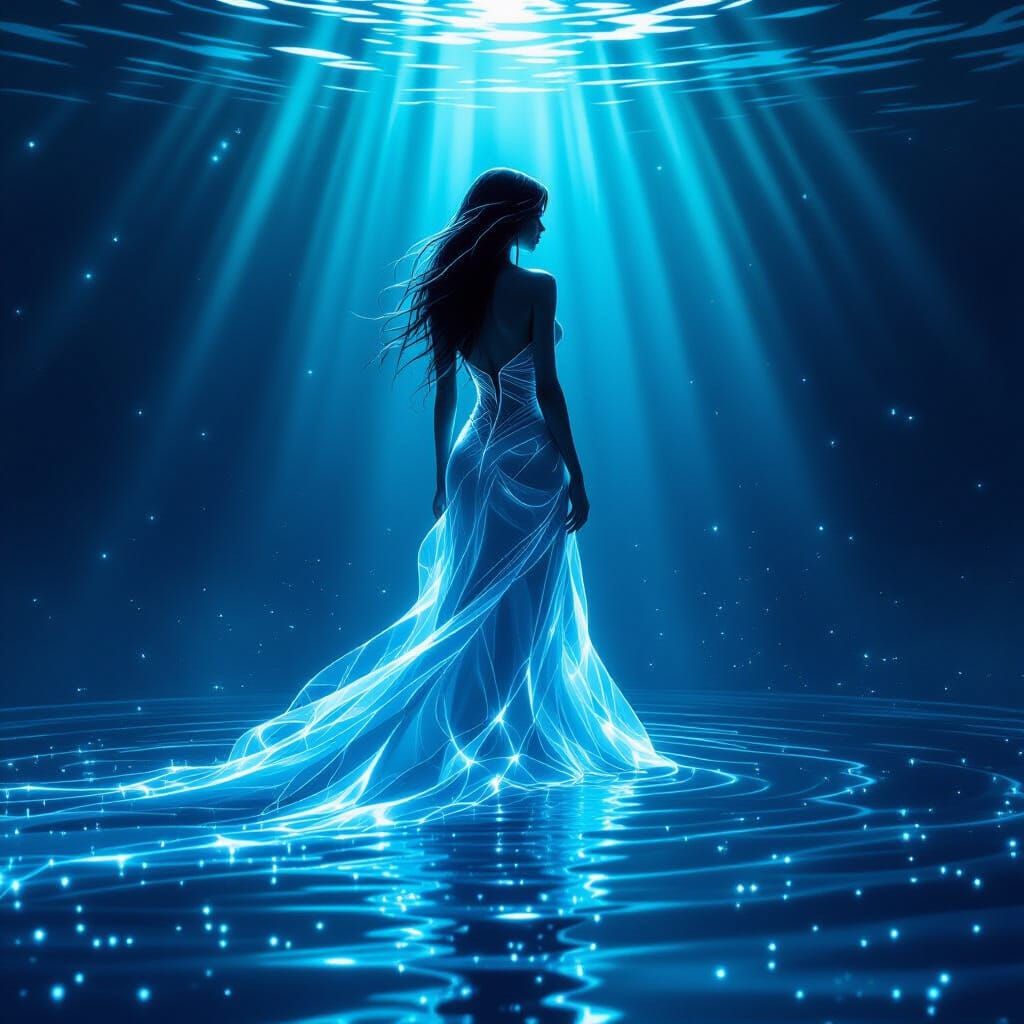 Woman Made of Rippling Water in Deep Ocean Abyss