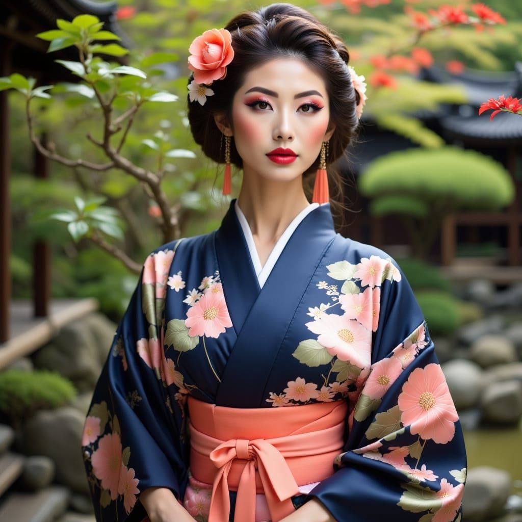 A full-body shot facing the camera of a beautiful Japanese w...