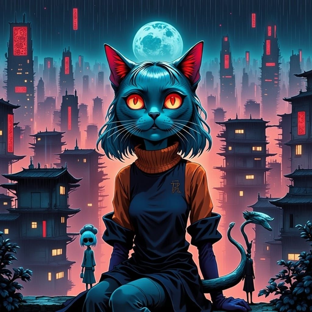 Neon Cityscape Watched by Feline Spirit