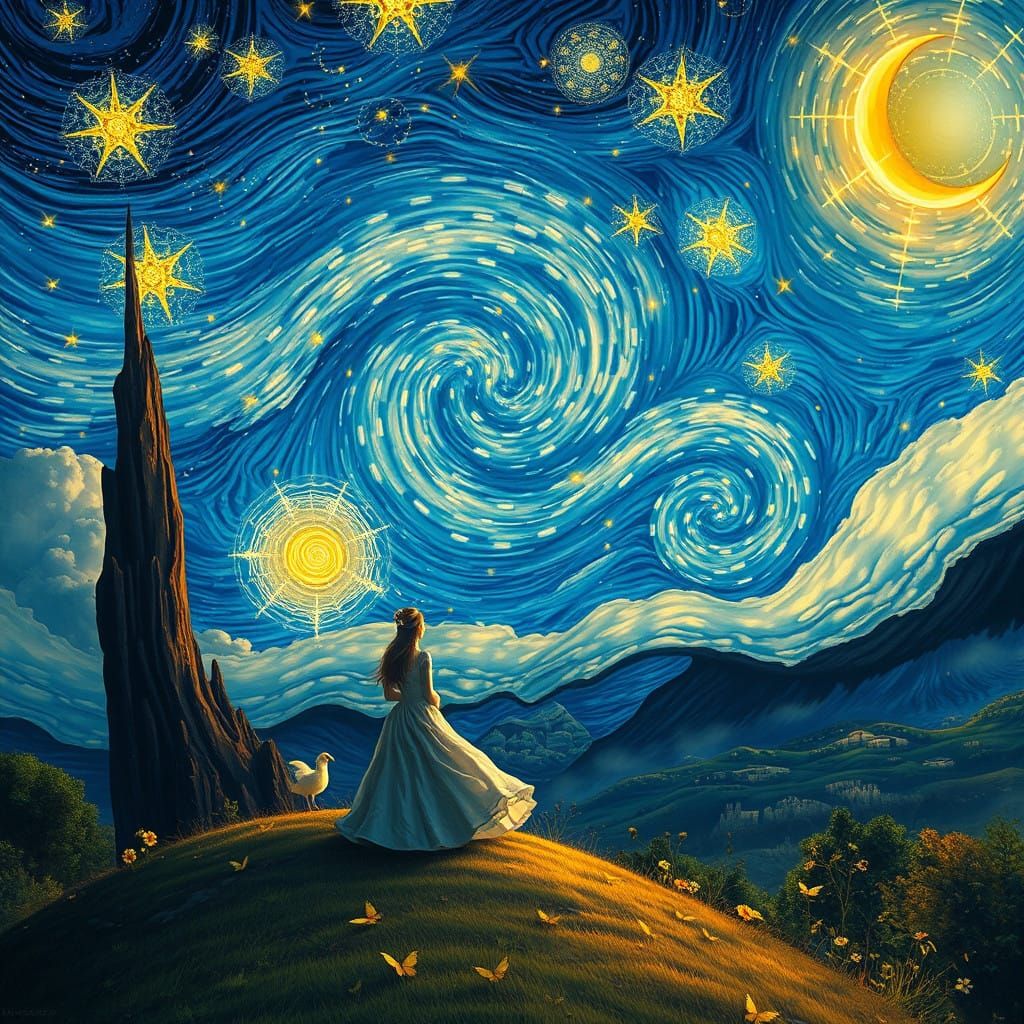 Dreamlike Whimsy in Starry Night Inspired Fantasy Landscape