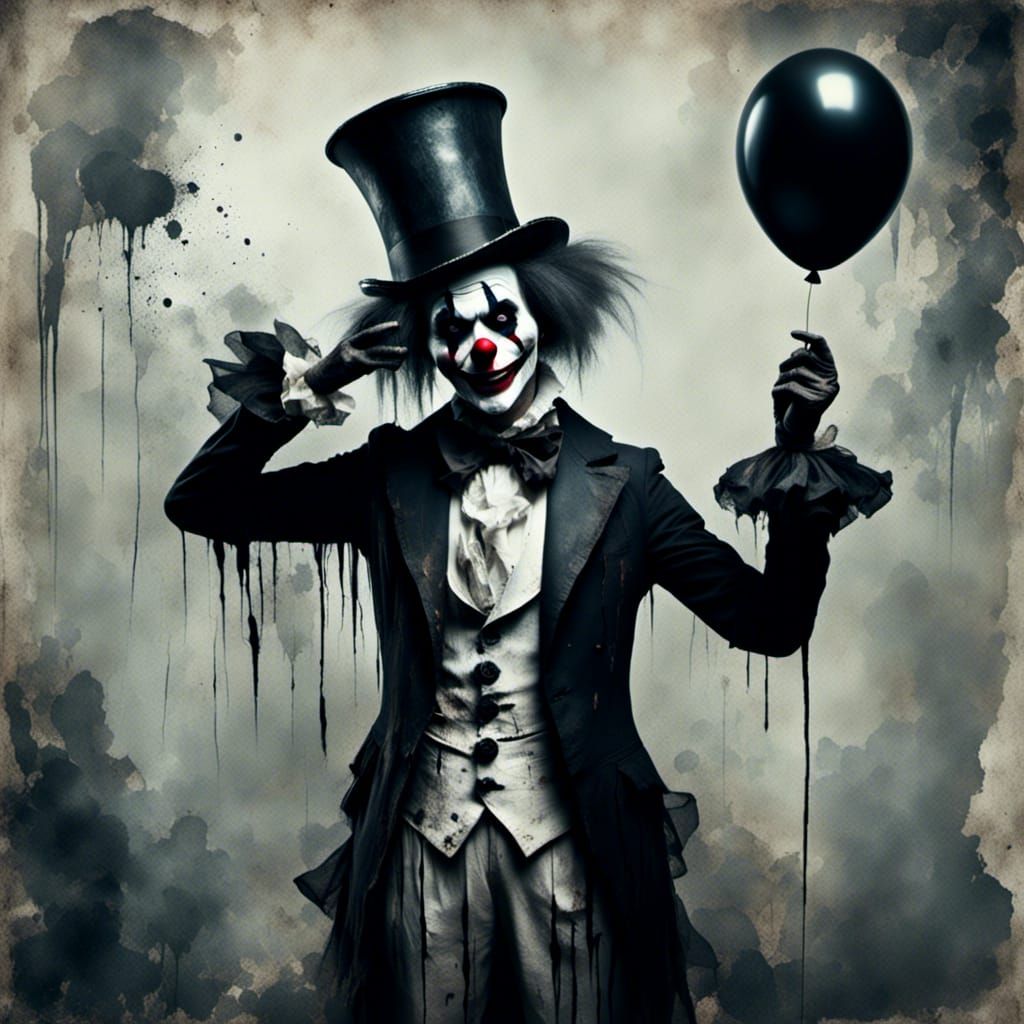 Art the clown <lora:Macabre:1.0> (terrifier), black and white mime outfit, wearing very small black top hat, holding bla...