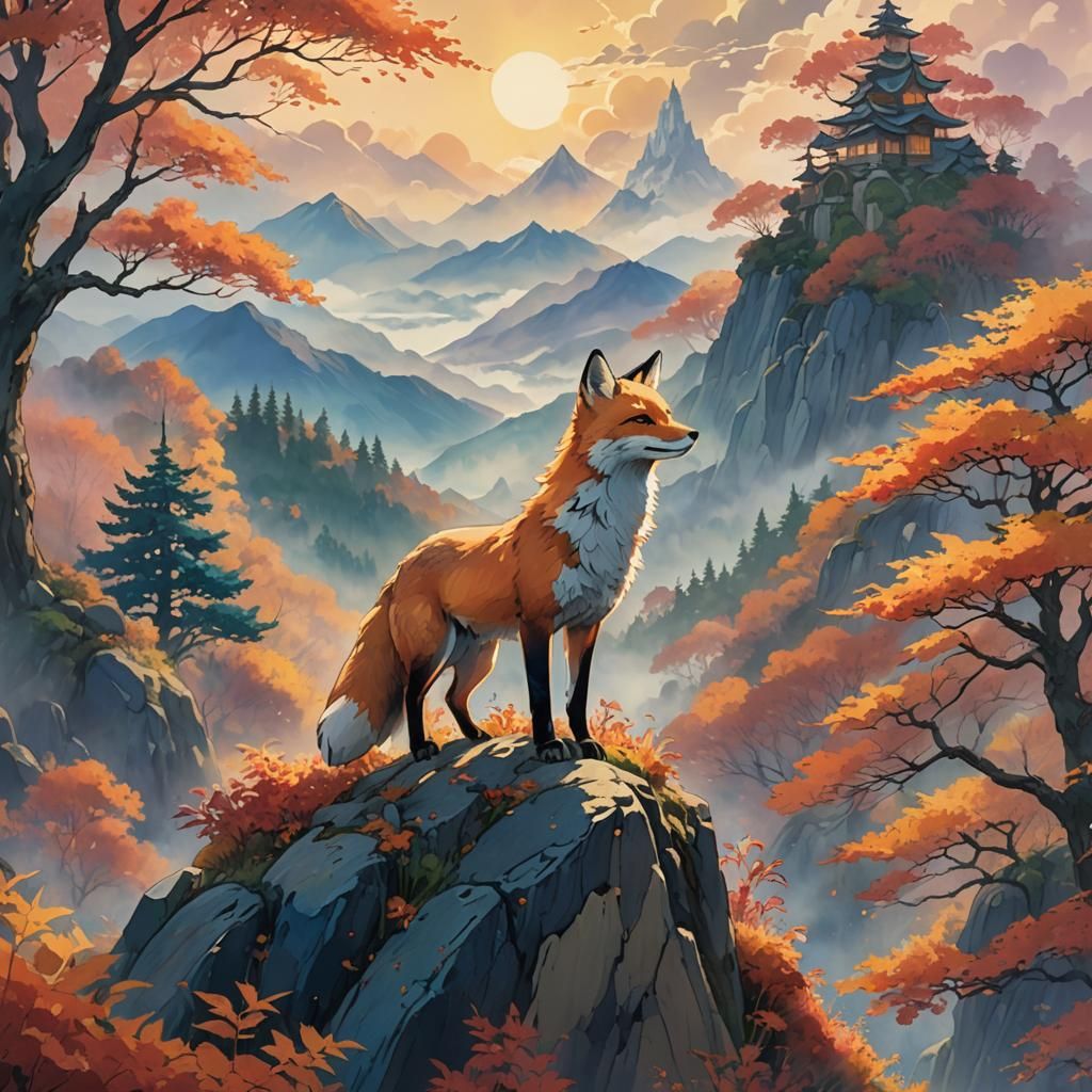Majestic Fox in Studio Ghibli Autumn Landscape