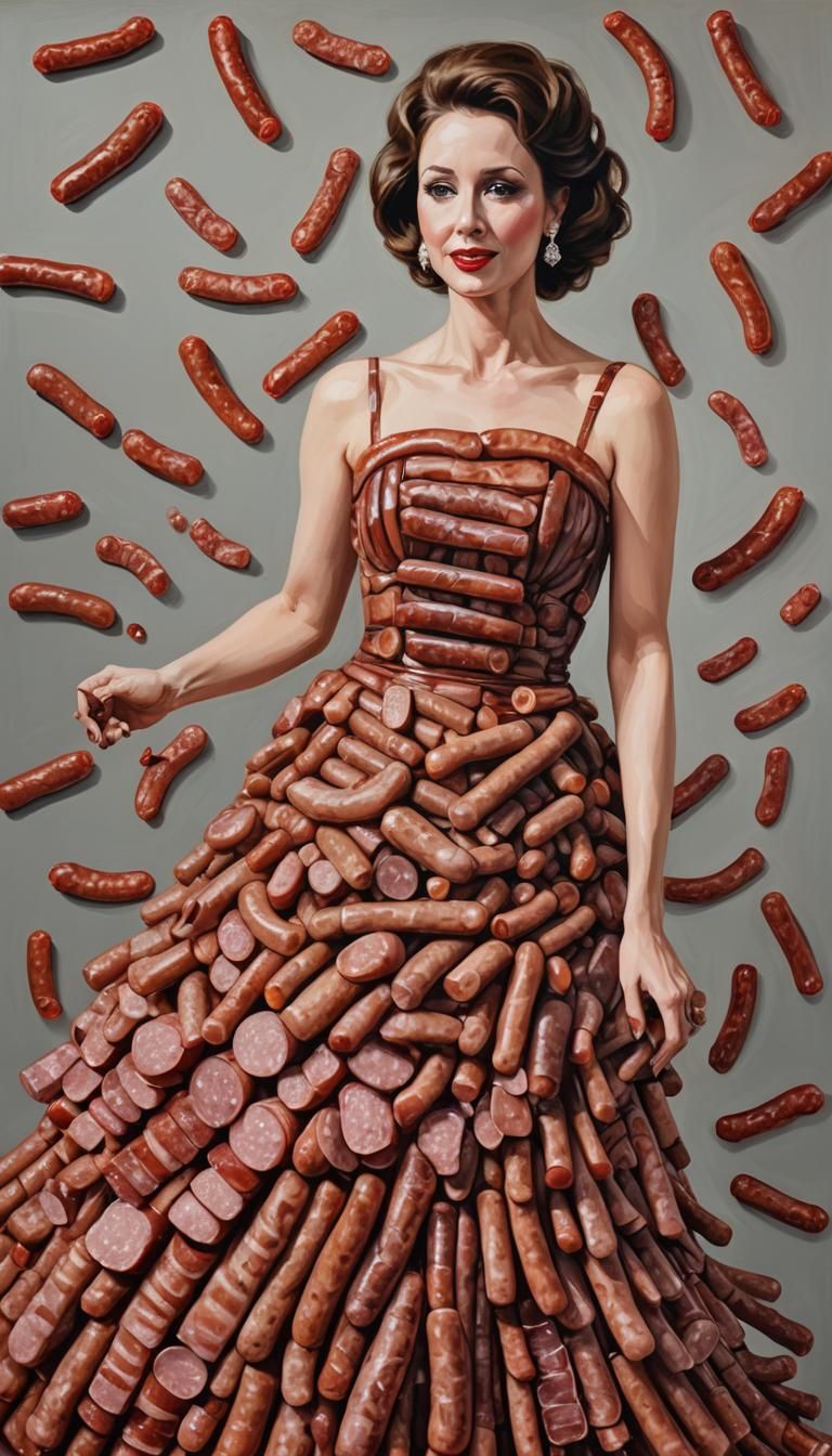 Sausage and Steak Dress: Satirical Acrylic Art