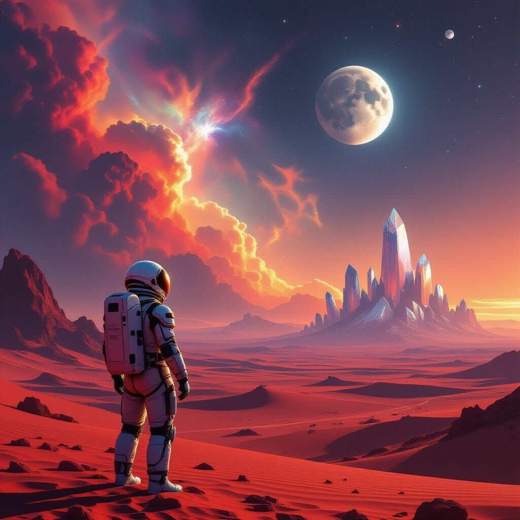 Astronaut on Crimson Planet Gazes at Alien Sky