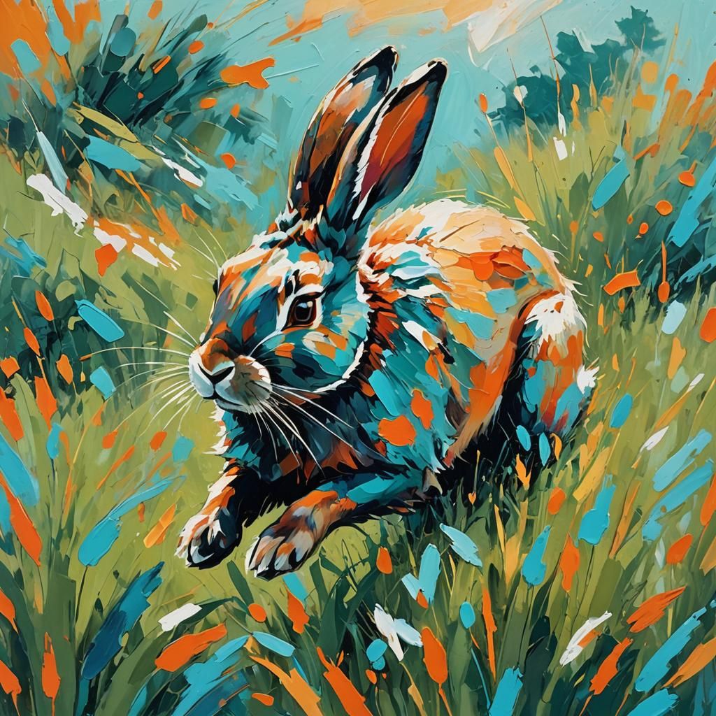Rabbit Leaping in Abstract Expressionist Style
