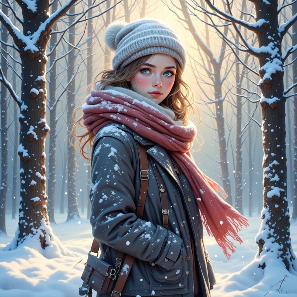 Magical Winter Glade: Watercolor Woman in Snow