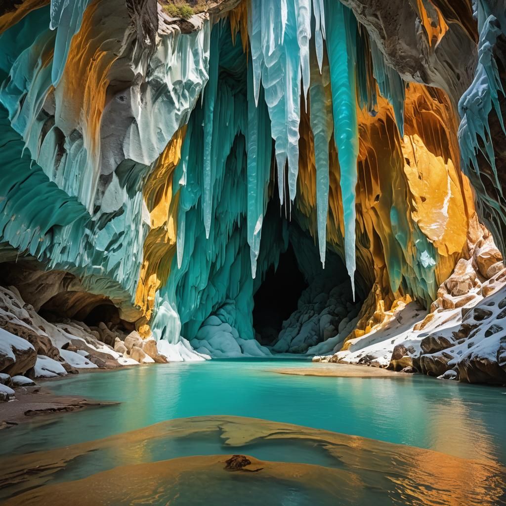 Fauvist Turquoise Ice Cave with Amber Pool