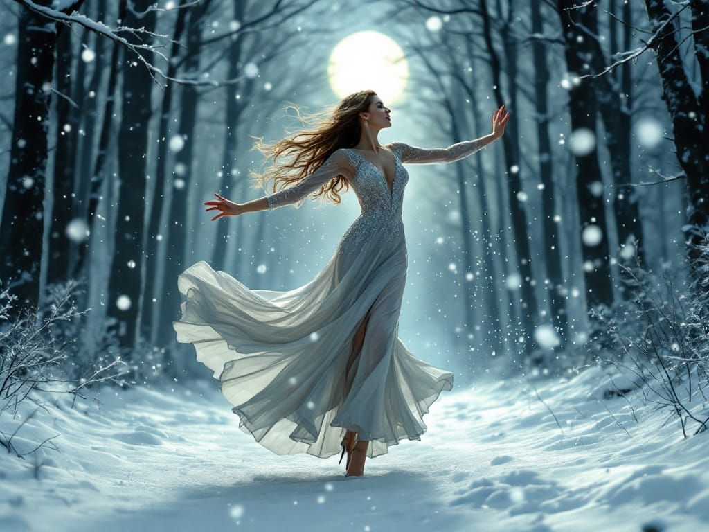 Woman Dancing in Snowy Forest, Dreamlike Digital Art