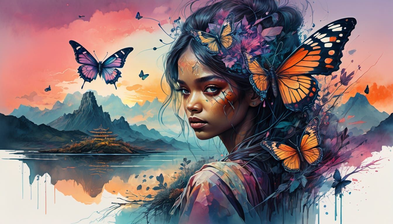 Voodoo Portrait in Double Exposure Watercolor Landscape