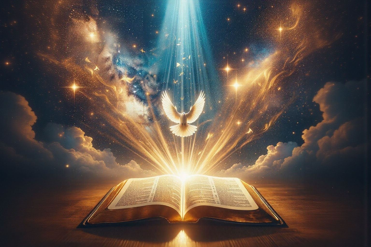 Glowing Bible in Starry Night Sky Illuminated with Golden Li...