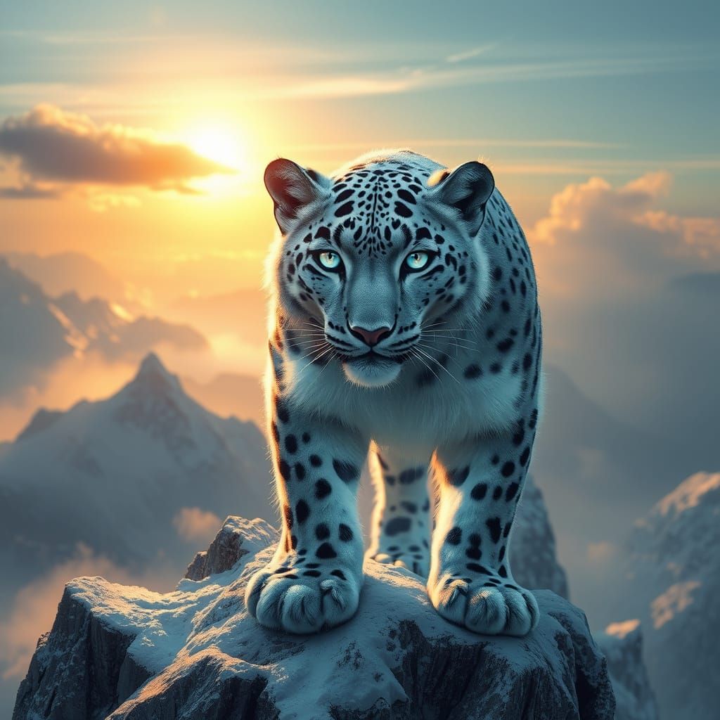 Ultra-realistic close-up of a snow leopard with piercing ice-blue eyes, standing on a jagged mountain peak. Golden sunri...