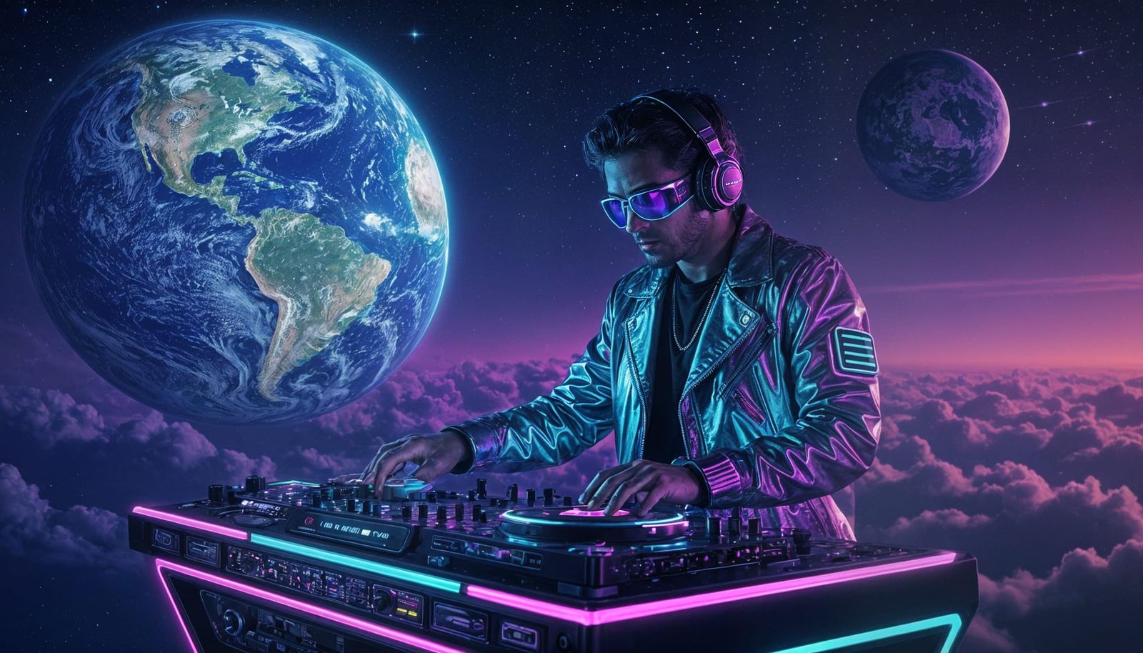 Retro-Futuristic DJ Spinning in Orbit Above Neon Earth