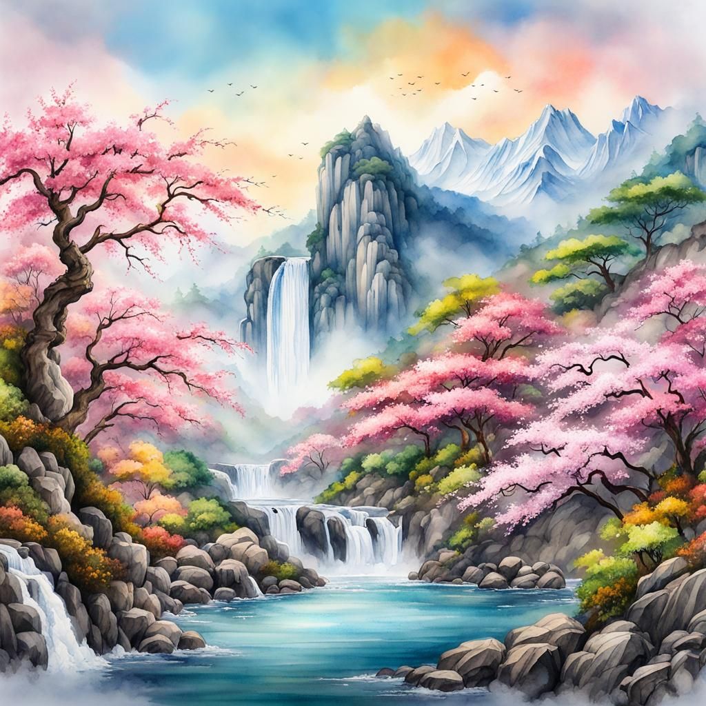Sakura Waterfall in Misty Mountains: Watercolor Painting