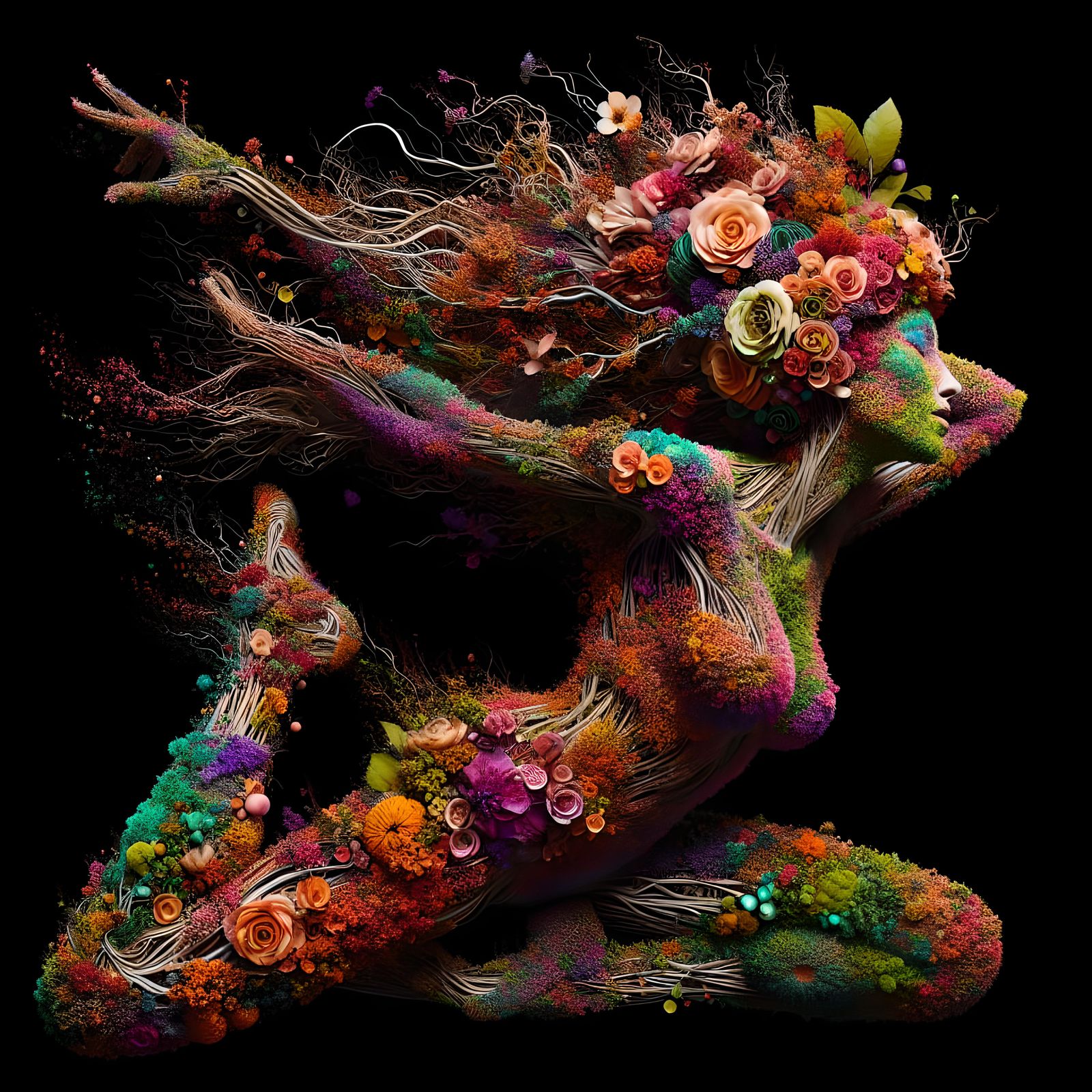 Floral Woman Dancing in Splash Art Style