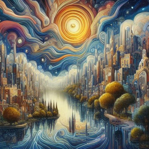 Surreal Dreamlike Landscape with People as Oil Painting