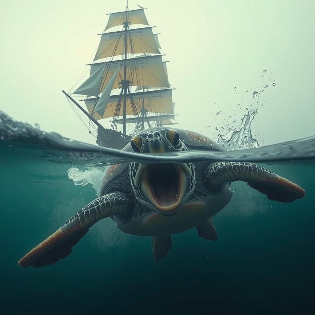 Sea Turtle and Tall Ship in Cinematic Style