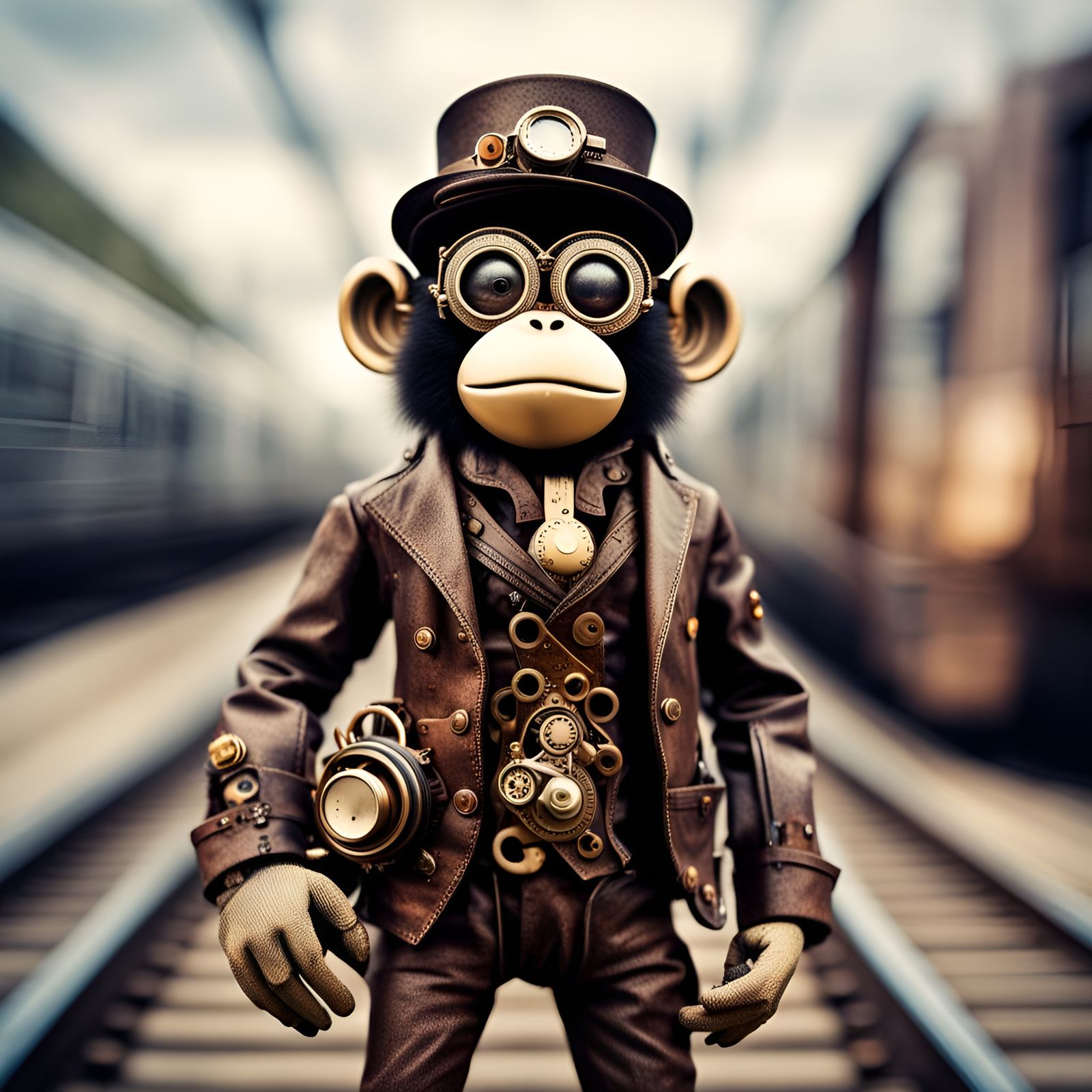 Steampunk Monkey with Train Background